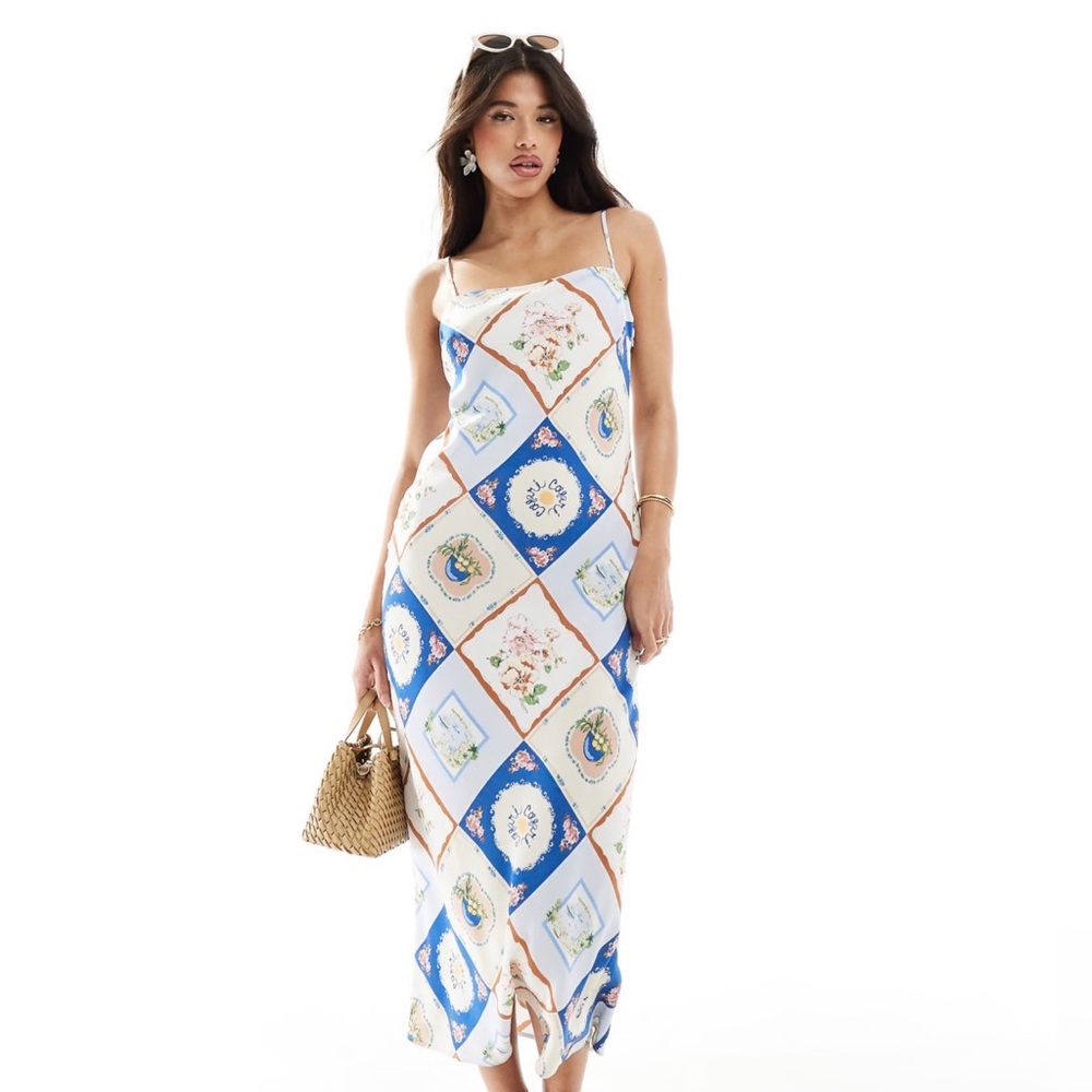 Abercrombie & Fitch slip maxi dress blue tile pattern - medium petite